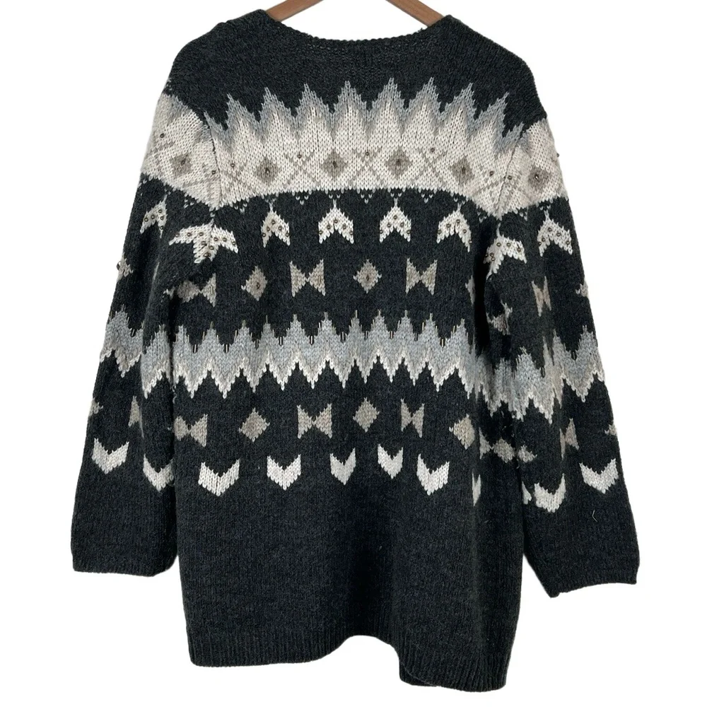 J.Jill Womens Cardigan Size‎ L Gray Fair Isle Beaded Pockets Scandi Coastal Wool